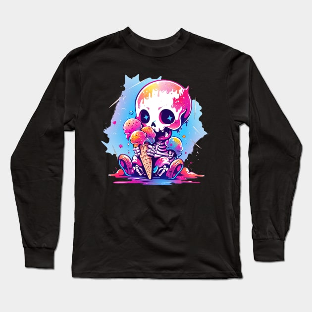 Cute Baby Skeleton Loves Ice Cream Halloween Design Long Sleeve T-Shirt by The Little Store Of Magic